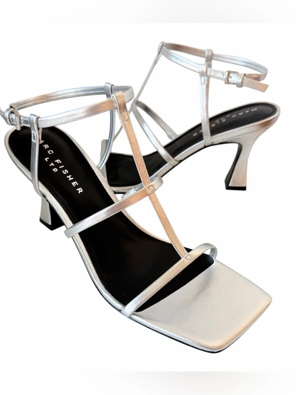 Marc Fisher Dennie Strappy Leather Dress Sandal In Metallic Silver Size 10 NIB